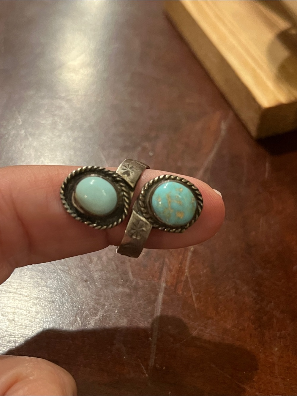 Vintage Sterling Native Turquoise Double Stone Open Ring - Blue